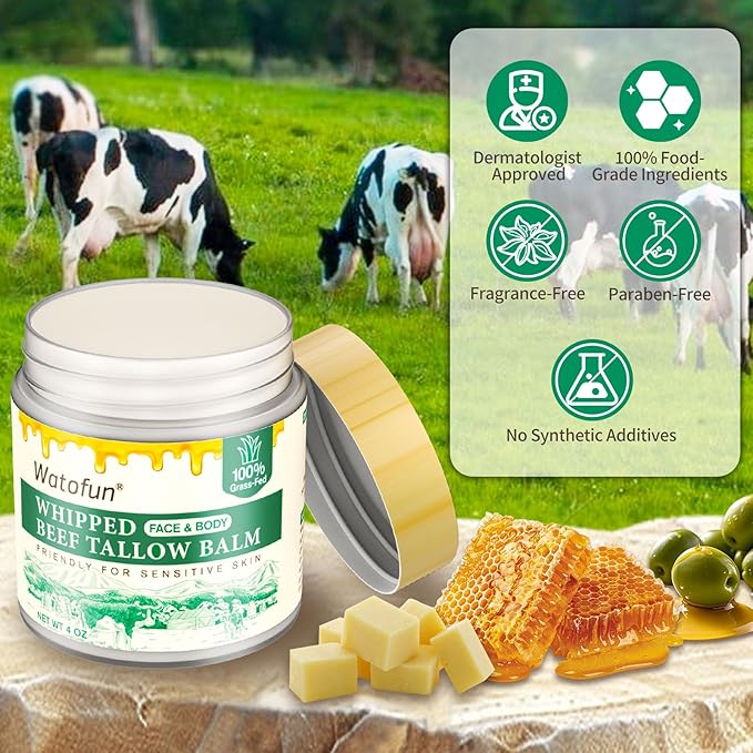 Beef Tallow for Skin with Raw Honey - Multi-Purpose Moisturizer & Repair Cream for Dry, Sensitive Skin - All-Natural, Non-Greasy, Unscented Formula with Beeswax & Olive Oil for Face & Body 4oz