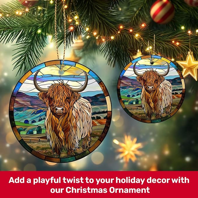 Highland Cow Christmas Ornaments 2025 - Farmhouse Ceramic Tree Decoration, 2-Sided UV Print, for Men Women, Rustic Xmas Decor