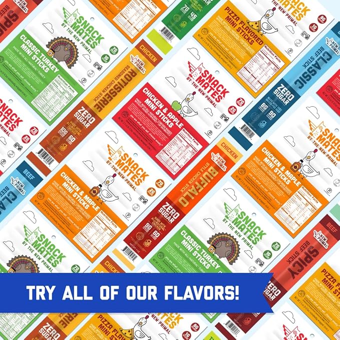 Snack Mates by New Primal Sampler Three Flavor Pack, Mini Chicken Sticks, High Protein and Low Sugar Kids Snack, Certified Gluten Free, Soy Free, Certified Paleo, Lunchbox Friendly, 15 Count