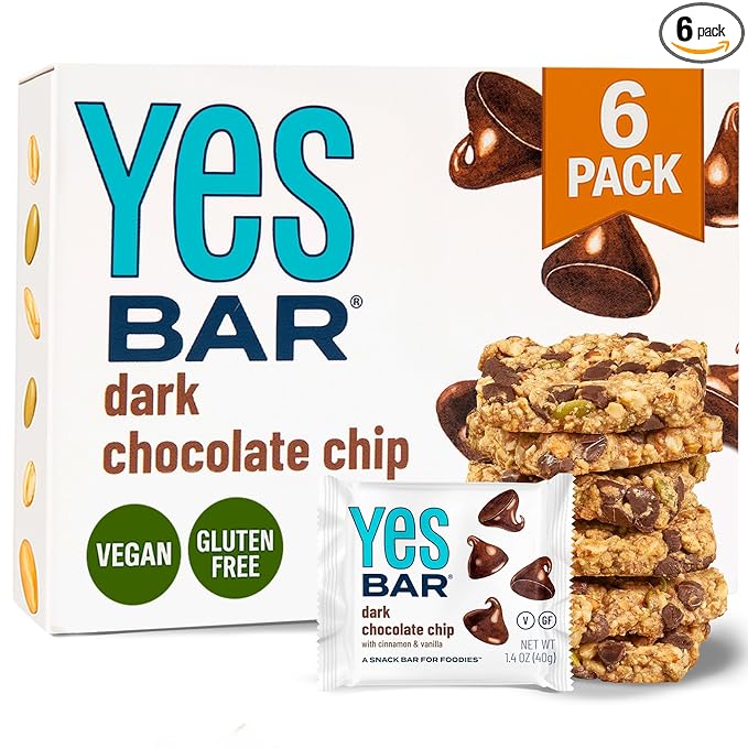 The YES Bar – Dark Chocolate Chip – Plant Based Protein, Decadent Snack Bar – Vegan, Paleo, Gluten Free, Dairy Free, Low Sugar, Healthy Snack, Breakfast, Low Carb, Keto Friendly (Pack of 6)