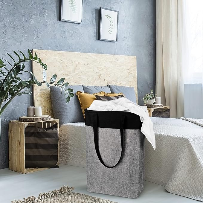 Collapsible Laundry Baskets Double Laundry Hampers Large Foldable Laundry Basket Organizer with Straps Black Gray Cloth Laundry Hamper for Dirty Clothes, QY-SC23-2