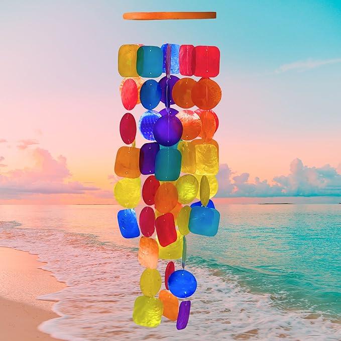 Bellaa 22890 Wind Chimes Outside, Garden Decorations, Musical, Chime, Outdoor Windchimes, Rainbow, Beach, Ocean, Breeze, Gifts for Mom, Gift for All Occasions, Capiz Sea Glass Shells Wood