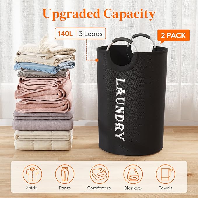 Lifewit 140L 2-Pack Large Laundry Basket, Collapsible Laundry Hamper with Aluminum Handles, Waterproof Freestanding Dirty Clothes Hampers for Laundry Room Bedroom Dorm Bathroom, Black