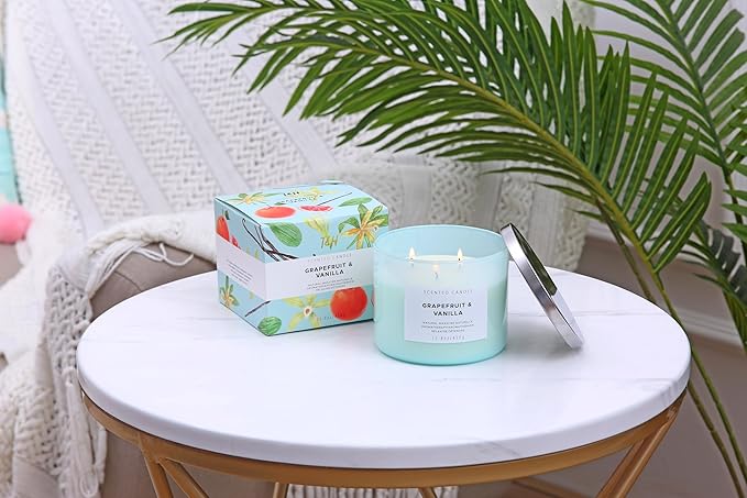 Grapefruit Vanilla 3-Wick Scented Soy Candle, 15.8 oz - Aromatherapy Citrus & Vanilla Candle, Long-Lasting Clean Burn, Strong Throw