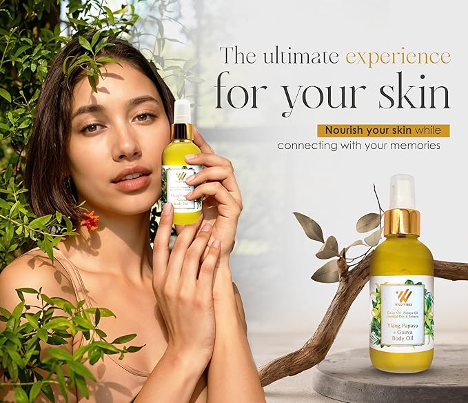 Wild Vibes Ylang Papaya + Guava Luxury Body Oil – Organic Body Oil for Radiant, Hydrated Skin – Collagen-Boosting, Anti-Aging After Shower for Women – 4 oz