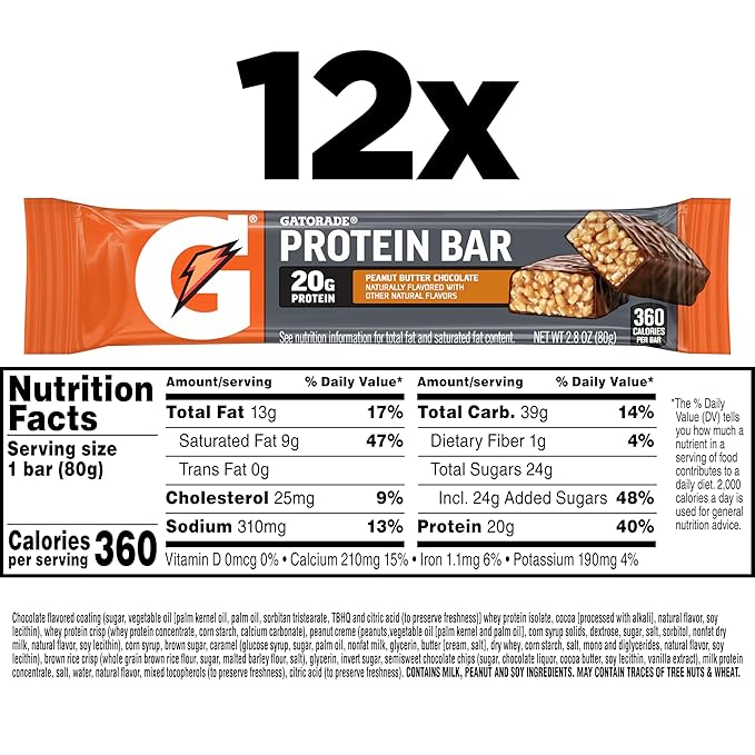 Gatorade Whey Protein Recover Bars, Peanut Butter Chocolate, 2.8 ounce bars (Pack of 12)