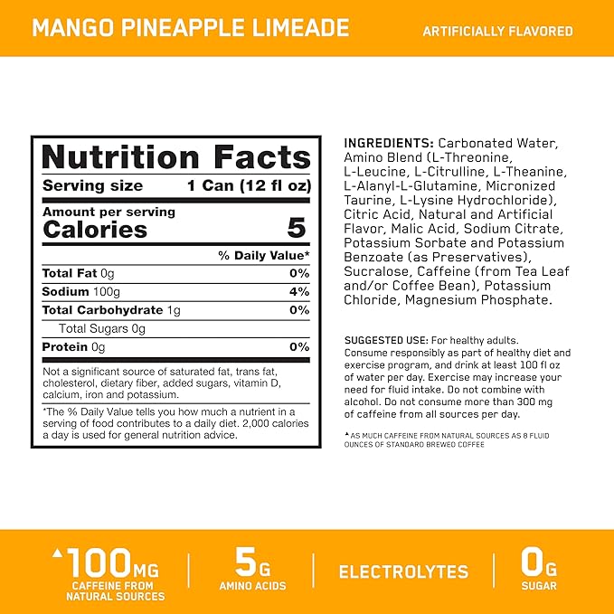 Optimum Nutrition Amino Energy Sparkling Hydration Drink, Electrolytes, Caffeine, Amino Acids, BCAAs, Sugar Free, Mango Pineapple Limeade, 12 Fl Oz, 12 Pack (Packaging May Vary)
