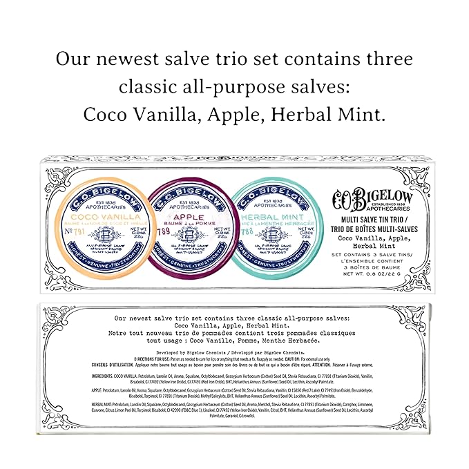 C.O. Bigelow Assorted Salve Tins, Pack of 3 Lip Balm Tins, Coco Vanilla, Apple, and Herbal Mint All Purpose Salve for Lips, Cuticles, Hands & Dry Skin, Lip Balm Set, 0.8 oz