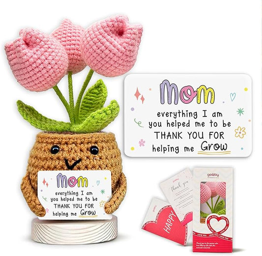 Gossby Gift for Mom - Positive Tulip Flower Crochet Doll with Card - Thank You for Helping ME Grow - Christmas, Mothers Day, Birthday Mom Gift from Daughter Son Kid - Handmade Crochet Plant Decor
