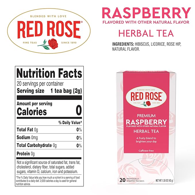 Red Rose Raspberry Herbal Tea Refreshing & Fruity Brewed Naturally Flavored Tea with 20 Individually Wrapped Tea Bags Per Box Caffeine Free Brew Hot