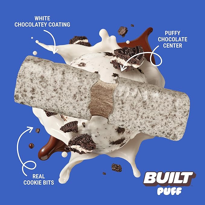 Built Bar, Puff Protein Bars, Cookies 'N Cream Puff, 17g Protein Snacks, On-The-Go Bars, Only 140 Calories, 7g Sugar, Collagen, Not Gluten Free, 12 Count