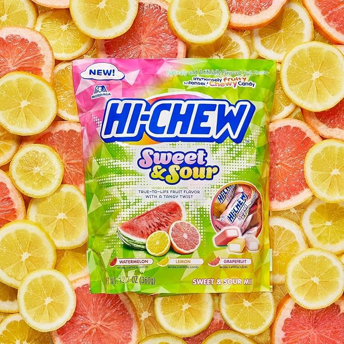 HI-CHEW Sweet and Sour Mix Bulk, Watermelon Lemon Grapefruit, 220+ Pieces, 4 Stand Up Pouches, 12.7oz each - Unique Fun Soft & Chewy Candy - Juicy Fruity Flavors - Individually Wrapped Halloween Candy