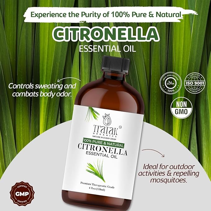 Citronella Essential Oil – 4 Fl Oz – 100% Pure and Natural Citronella Oil for Diffuser and Aromatherapy, Skin, Massage, Candle and Soap Making Fragrance - with Dropper