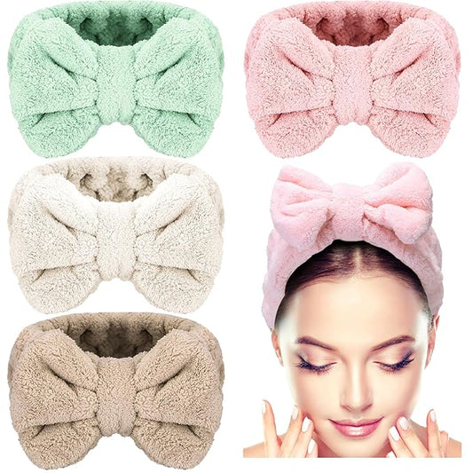 4 Pack Makeup Spa Headband Microfiber Bow Towel Soft Fluffy Washing Face Headband for Women Girls Shower Bath Skincare (Light Pink, White, Green, Brown)