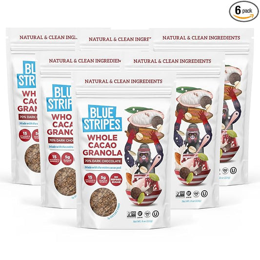 Blue Stripes Whole Cacao Granola - Gluten Free 70% Dark Chocolate Granola for Cereal, Oatmeal, Yogurt, 5g Protein Per Serving, Source of Fiber, Vegan, Low Sugar - Dark Chocolate, 8 oz Bag (6 Pack)