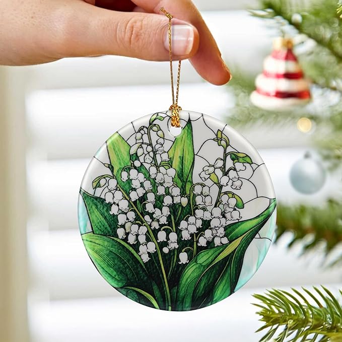 Lily of Valley Flower Ornament – Christmas Decoration & Christmas Ornament; Round Ceramic (Holiday Present, Bauble Present, Gift Idea, and Gift Exchange) | Heirloom Keepsake