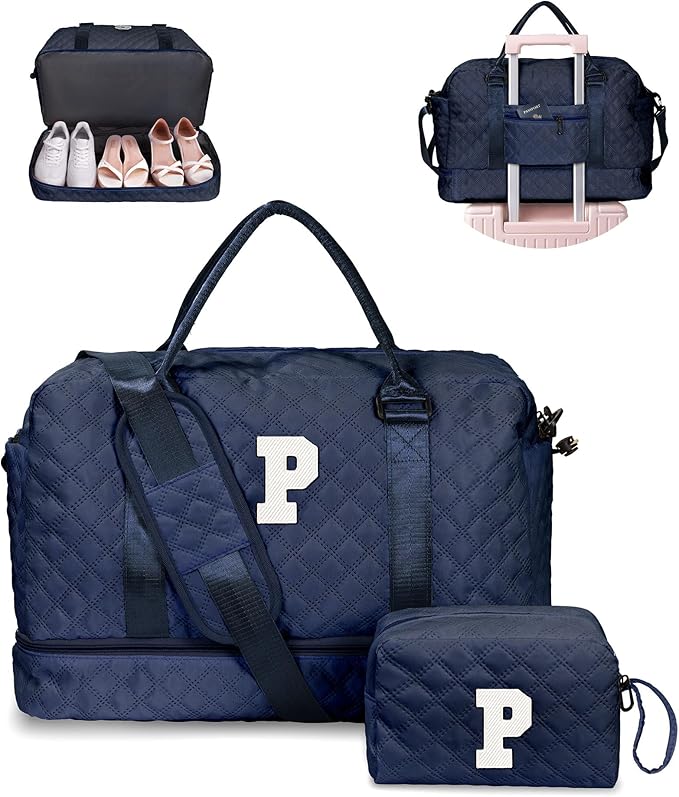 Gifts for Grandma-Initial Duffle Bag with Shoe Compartment, Personalized Weekender Bag, Monogram Overnight Bag, Letter Travel Bag with Makeup Bag，Daughter Friend Gifts (Letter P), Navy Blue