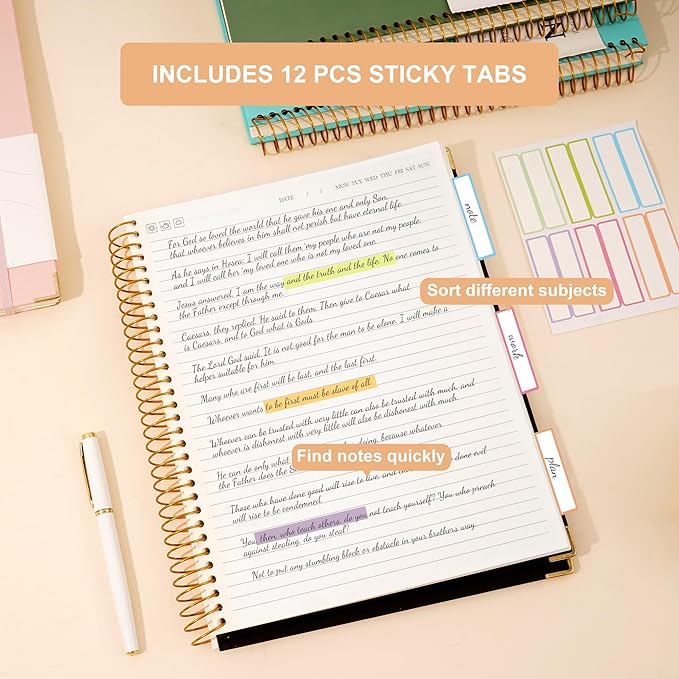 FLYING EAGLE Black Spiral Notebook College Ruled 8.5 X 11 with Tab Stickers Large Hardcover Notebooks for School Supplies A4 Note Book Journal Notebooks for Work Note Taking Office, 200 Pages