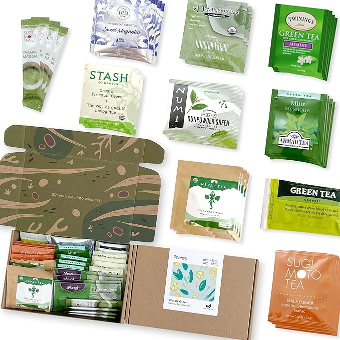 Sippingly Green Tea Sampler – 40 Assorted Green Tea Bags – 10 Flavors from Japan, Nepal, China & India – Naturally Energizing, Medium Caffeine – Ideal Gift for Tea Enthusiasts – Kosher, Gluten-Free