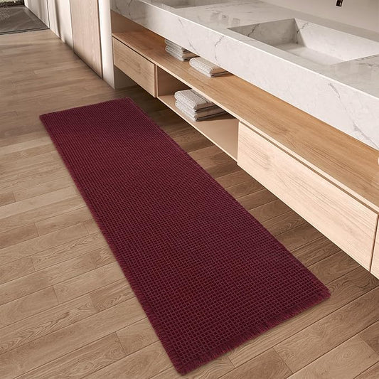 AMOAMI Upgraded Waffle Runner Rug Super Absorbent Non Slip Bath Mats for Bathroom Machine Washable Bathroom Runner Rug with Tassels, Ideal for Hallway Bedroom Laundry Room, 17" x 48", Burgundy
