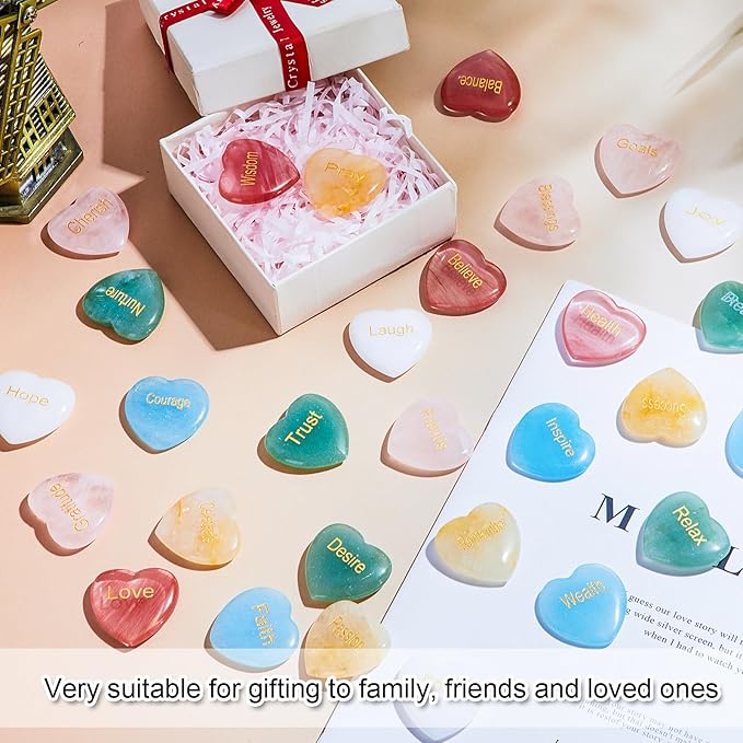 Fabbay 30 Pcs Heart Inspirational Stones, Good Gifts for Encouragement Heart Stones with 30 Different Words, Engraved Worry Rocks Bulk As Meditation Decorations, Party Gifts for Friends (1.2 Inch)