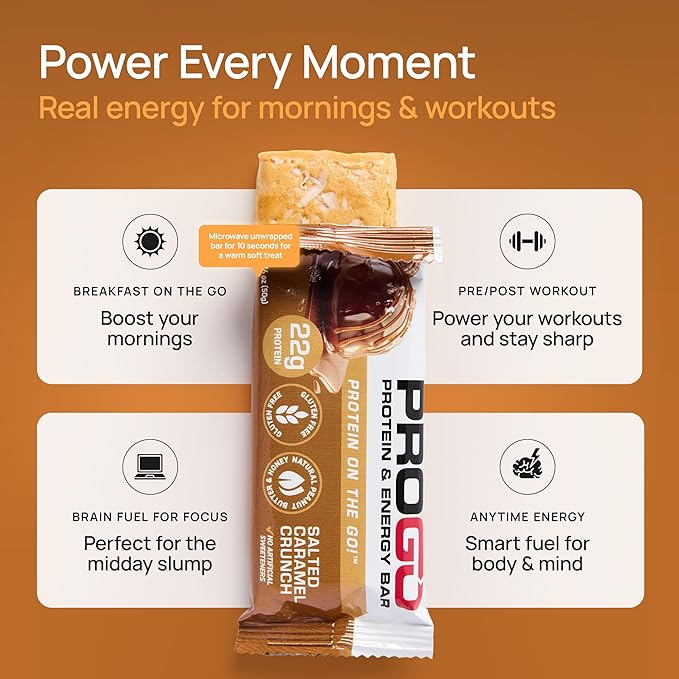 ProGo Protein Bars, Low Sugar, High Protein Snacks (21g) - 95% Pure Isolate for Faster Muscle Growth & Recovery, Low Calorie, Sweetened w/Peanut Butter & Raw Honey (20-Count, Salted Caramel Crunch)