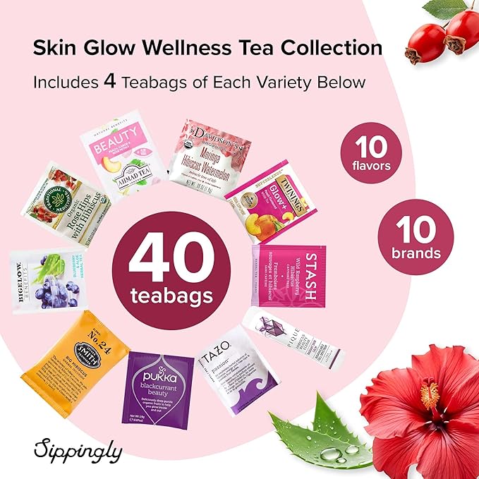 Skin Glow Wellness Tea Sampler - 40 Tea Bags, 10 Flavors - Hibiscus, Rosehip, Aloe Vera, Licorice Root - Vegan, Gluten-Free, Organic Herbal Tea Gift for Skincare Lovers