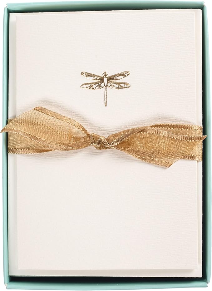 Graphique Dragonfly La Petite Presse Boxed Notecards - 10 Embossed and Embellished Gold Foil Blank Cards with Matching Envelopes, 3.25" x 4.75"