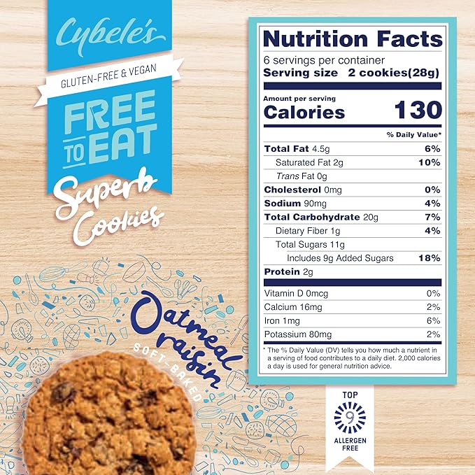 Cybele’s Free To Eat Gluten-Free & Vegan Cookies - Plant-Based, Dairy, Soy, & Nut Free - Soft-Baked School Safe Snack For Kids & Adults - 12 Cookies Per 6 oz Box (Oatmeal Raisin, Pack of 1)
