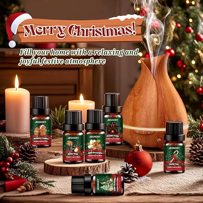 Christmas Fragrance Oil Set, 6 Premium Winter Essential Oils for Diffuser, Scented Oils Gift for Soap & Candle Making, Candy Cane, Fireside Treats, Apple Spice, Mulled Wine, White Christmas, Cookies