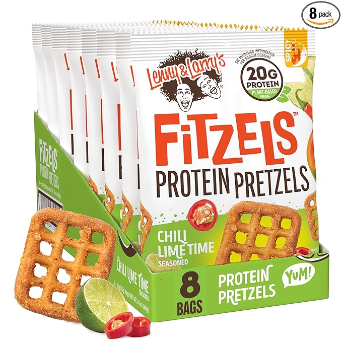 Lenny & Larry's FITZELS Protein Pretzels (Chilli Lime Time) 8 Individual Bags 3 oz Each – High Protein Snacks with 20g of Plant Based Protein – Healthy Vegan Pretzels – Delicious Salty Taste