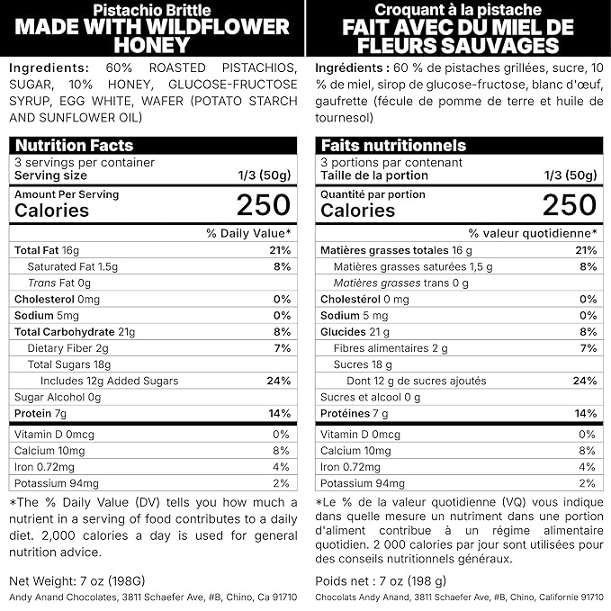 Andy Anand Chocolatier Gluten Free Roasted Pistachios Soft Nougat Brittle - Made in Europe Luxuriously Creamy Feel Almond Nougat Candy, Made With Wildflower Honey & Roasted Nuts (7 Oz)