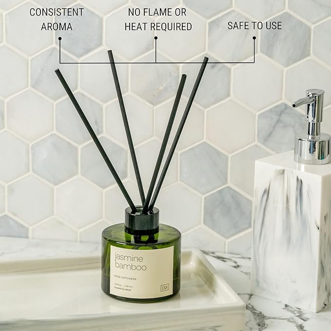 Craft & Kin Bamboo & Jasmine Reed Diffuser | All Natural Essential Oil & Rattan Scent Sticks | Fall Reed Diffusers for Home, Bathroom | Long Lasting Home Fragrance in Green Glass, 3.4oz