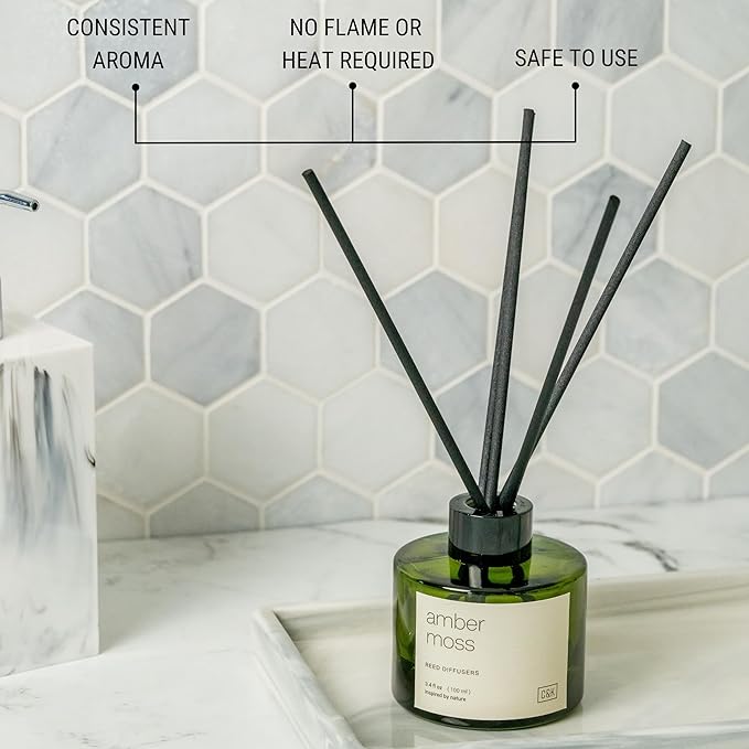 Craft & Kin Amber Moss Reed Diffuser | All Natural Essential Oil & Rattan Scent Sticks | Fall Reed Diffusers for Home, Bathroom | Long Lasting Home Fragrance in Green Glass, 3.4oz