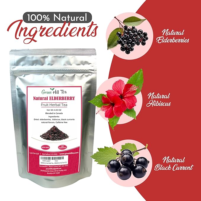 Green Hill Tea Elderberry Herbal Tea - Immune System Boosting Fruit Herbal Tea Blend - Caffeine-Free Relaxing Drink, Hot tea or Iced Tea - resealable foil bag 4 OZ