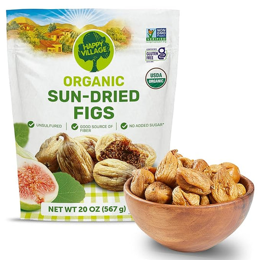 Happy Village Organic Sun-Dried Turkish Figs, 20 OZ Resealable Bag, No Added Sugar, USDA Organic, Non-GMO, Kosher, Vegan, High in Fiber, Single-Ingredient Snack