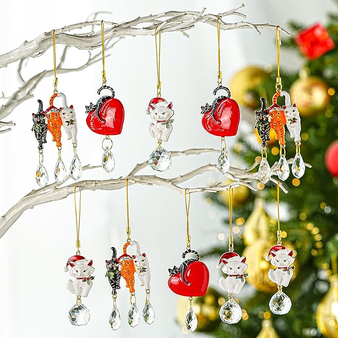 H&D HYALINE & DORA 6 Pack Cat Christmas Tree Ornament 5.5'' Crystal Glass Christmas Hanging Ornaments Pet Decorations for Tree and Car Suncatcher Gifts for Cat Lovers