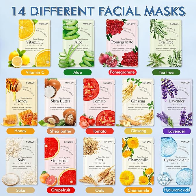 14 Pack Sheet Face Masks Skincare, Hydrating Face Masks Suitable for Dry Skin, Bulk Facial Mask Set for Women Skin Care, Face Mask Gifts Set for Face Spa