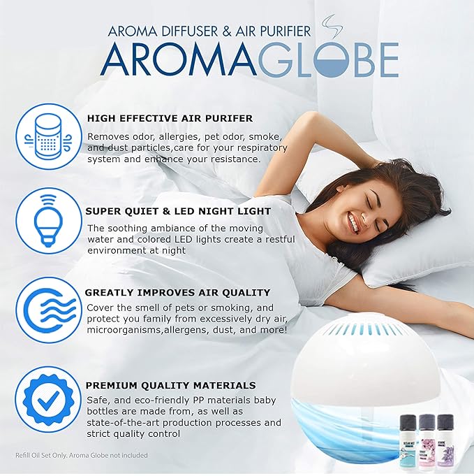 Daiwa Felicity Aroma Oil Refill Set of 3 - Globe Air & Room Revitalizer - White Noise Aromatizer Air Washer Machine with Scented Oils, Water Air Revitalizer for Home and Office