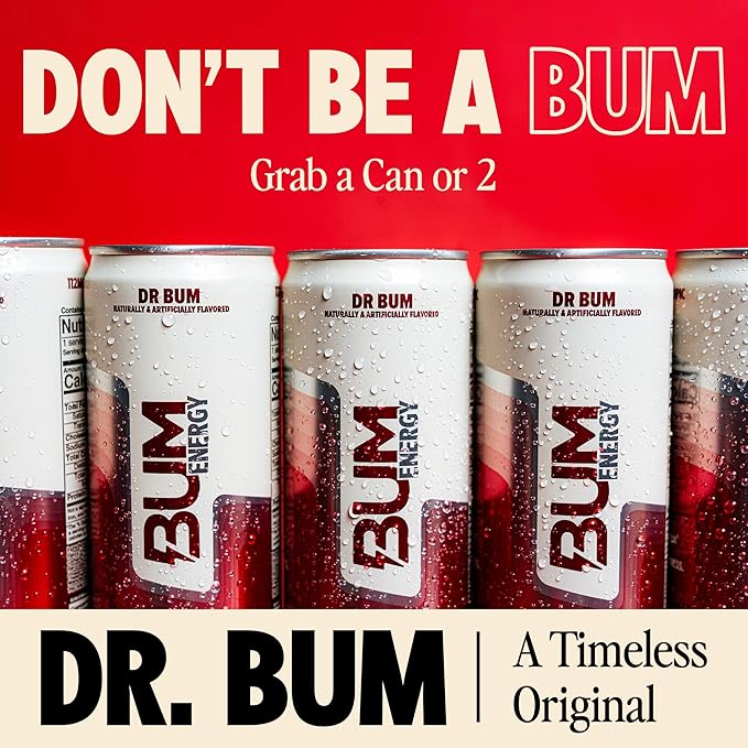 BUM Sugar-Free Energy Drink, Dr BUM - Lightly Carbonated & No Artificial Colors, Natural Caffeine & Citicoline for Energy & Focus, Brain Boost & Workout Sports Beverage - 12 oz, 12-Pack