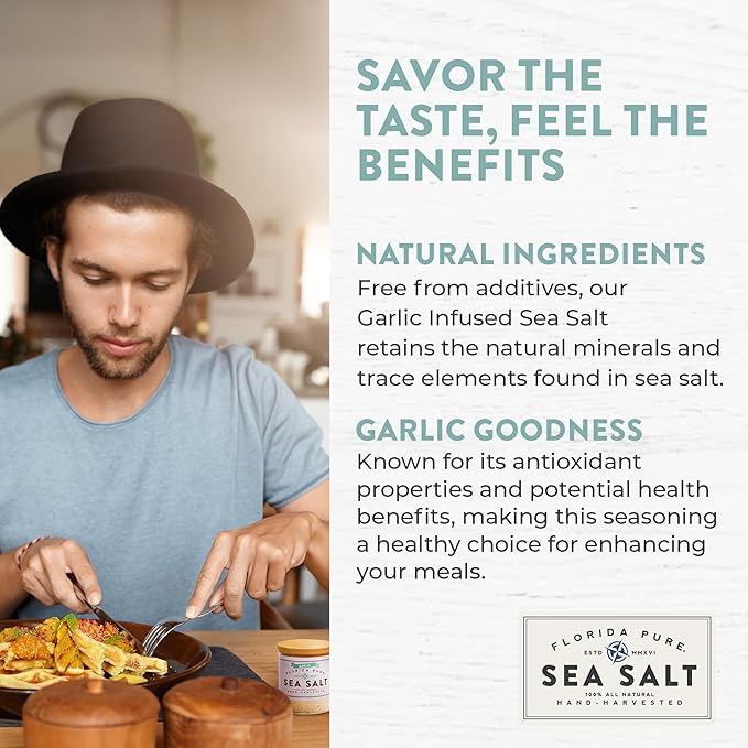 FLORIDA PURE Garlic Sea Salt - 80+ Mineral Sea Salt, Natural, Unrefined, Non Iodized - for Baking, Cooking, Seasoning & Enhancing Taste - Rich Taste Flaky Sea Salt (4.5 oz Jar)