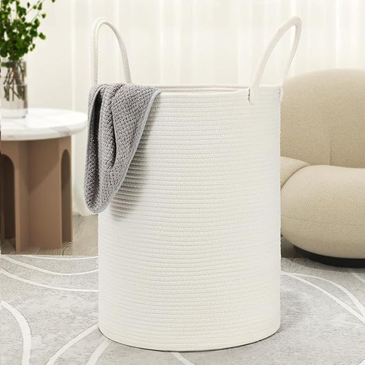 58L Cotton Rope Laundry Basket (20"x15"),Woven Basket for Storage Dirty Clothes Basket for Laundry, Living Room, Nursery, Bedroom Rope Storage Basket for Blankets（White）