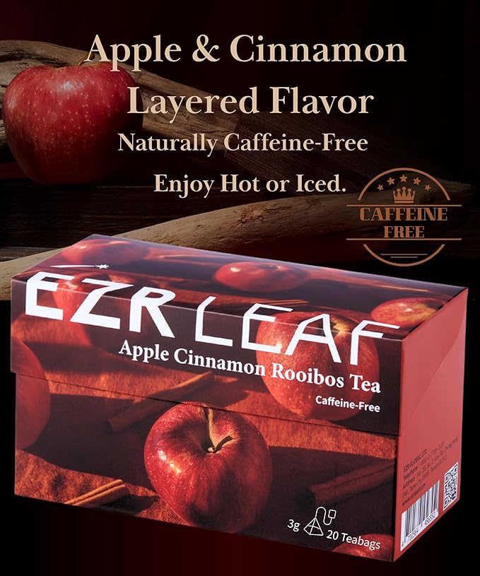 EZR Leaf Apple Cinnamon Rooibos Tea Caffeine Free Decaf Herbal Tea, 20 counts 2.1 Once Pyramid Tea Bags, Naturally Sweet, Relaxing Sleep Blend