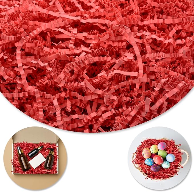 Darfukei Shredded Paper For Gift Baskets, 1/2LB (8 oz) Red Crinkle Paper Filler for Mother's Day Baskets Grass, Crinkle Cut Papers Shred For Birthdays, Weddings,Boxes Bags, Basket Filler ,Anniversaries,Gift Wrapping