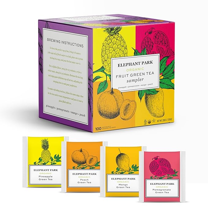Premium Organic Fruit Green Tea Sampler, 100 Count Assorted Tea Bags, Caffeinated & Herbal Variety Pack Pineapple, Pomegranate, Mango, Peach Flavors