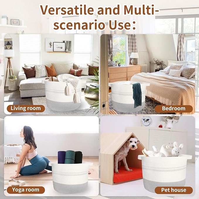 55L Woven Cotton Rope Storage Basket with Handles: 17.7"x13.7" Laundry Hamper for Clothes, Blanket Baskt, Nursery Storage and Laundry Basket for Toys, Towels, Books, Light grey