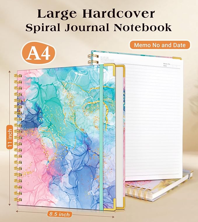 Lined Spiral Notebook Journal for Women, 200 Pages Cute Notebooks 8.5” x 11”, A4 Large Hardcover Spiral Journals with 100 GSM Thick Paper, College Ruled Notebook for Writing Work School, Pink Blue Marble