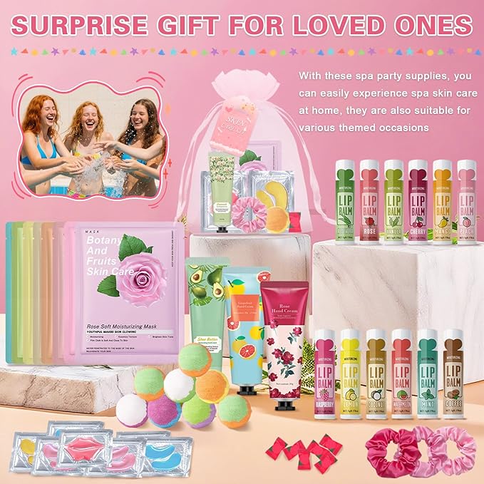 120 PCS Spa Party Supplies for Girls & Women,Spa Party Favors Include Face Masks Skincare,Hand Cream,Lip Balm,Eye Masks,Lip Mask,Foot Bath Bombs,Slumber Sleepover Party Supplies for Girls