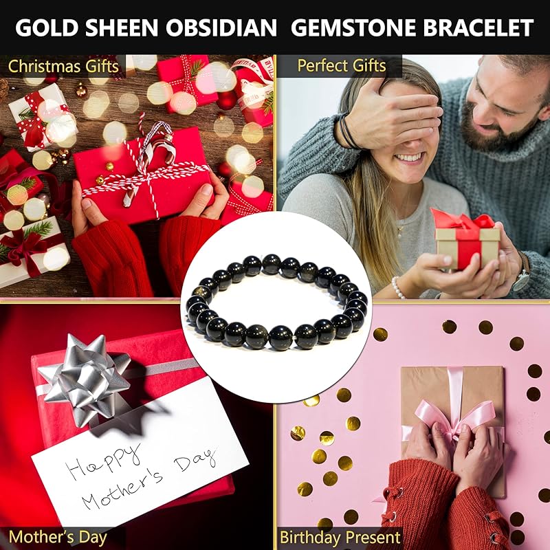 Gold Sheen Obsidian Bracelet – Natural Healing Crystal Bracelet for Women and Men – 8 MM Beaded Bracelet for Spiritual Healing, Positive Energy – Unisex Elastic Adjustable Size Gemstone Bracelet
