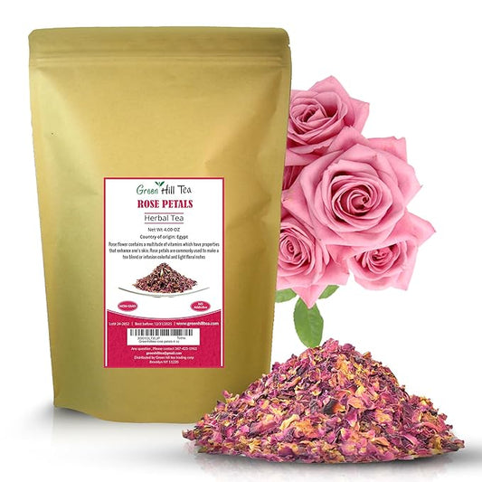 Greenhilltea Premium Dried Rose Petals - Caffeine Free Rose Tea - Edible Flowers for drinks, Baking, Desserts, Cocktails, Wedding Toss & Herbal Tea Infusions - 4 OZ
